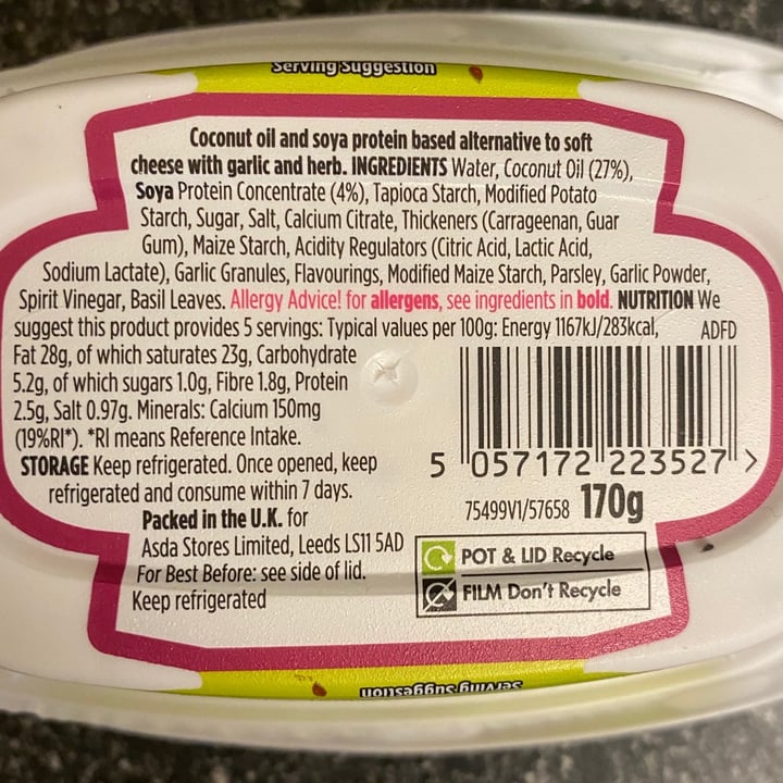 photo of ASDA Garlic and herb soft cheese alternative shared by @meganpatriciafierce on  09 Jan 2021 - review