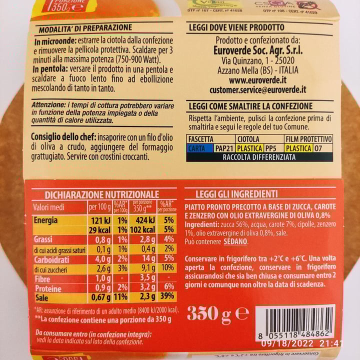 review photo of EuroVerde Vellutata di zucca, carote e zenzero shared by @marumomo on 20 Sep 2022 - review