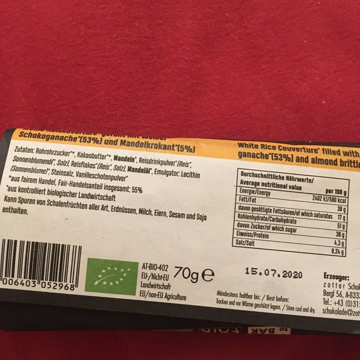 photo of zotter Weisse Krokant Vegan shared by @claram on  12 Apr 2020 - review