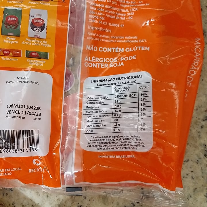 review photo of macarrao de arroz Urbano Massa Alimentícia de Arroz Urbano shared by @lizmancuso on 19 Nov 2022 - review