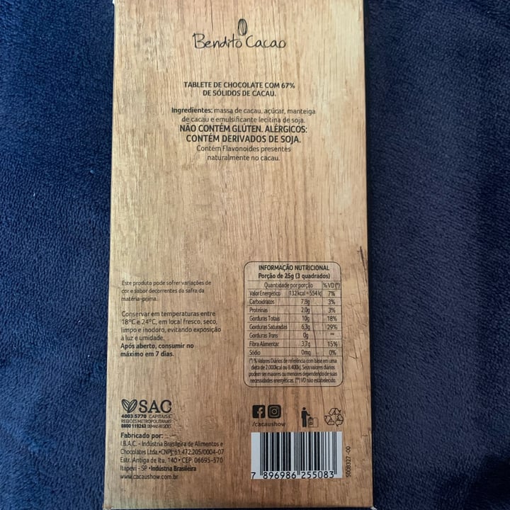 photo of Bendito Cacao Chocolate cacau 67% shared by @janaesteves on  25 Apr 2022 - review