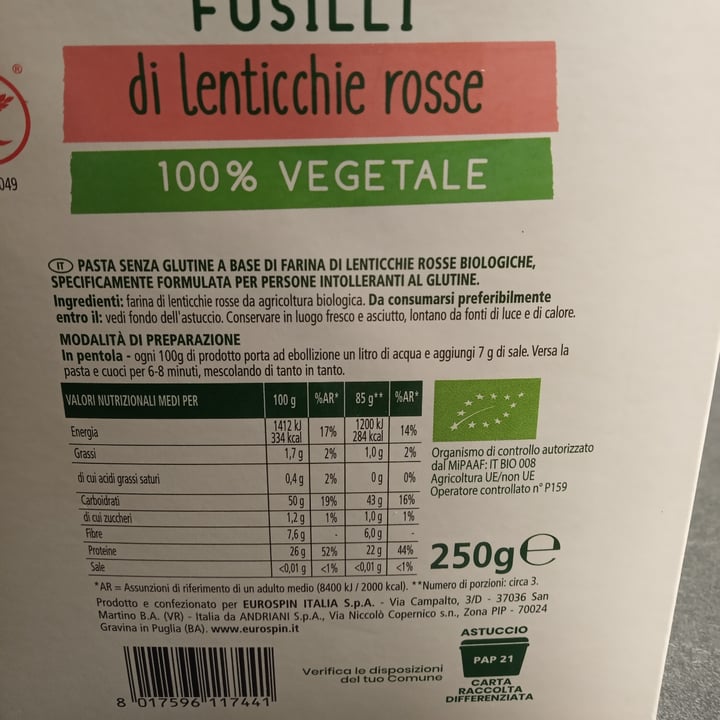 review photo of Fior di Natura Fusilli Di Lenticchie Rosse shared by @ante on 11 Feb 2022 - review