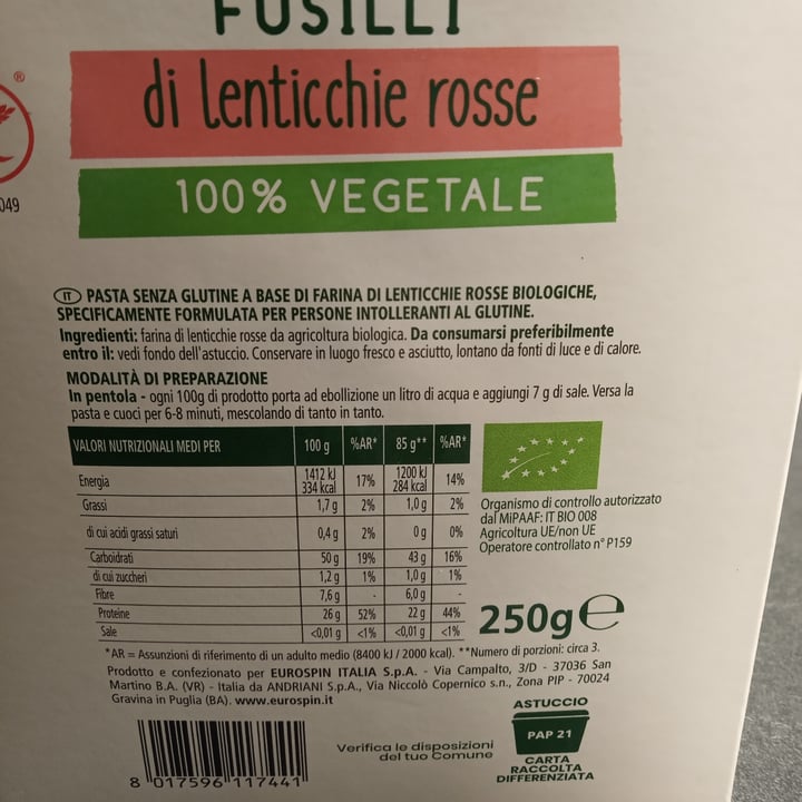 photo of Fior di Natura Fusilli Di Lenticchie Rosse shared by @ante on  11 Feb 2022 - review