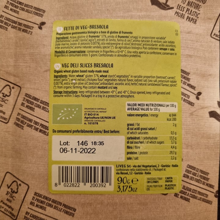 review photo of Liveg Fette di veg-bresaola shared by @angelicamarchetti on 30 Sep 2022 - review
