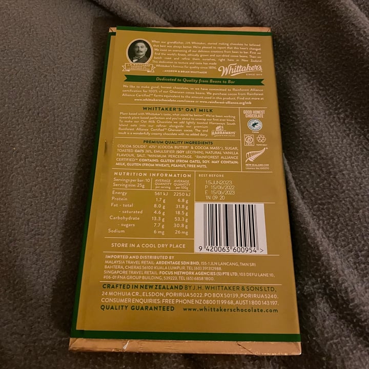 review photo of Whittaker's Oat Milk Chocolate shared by @plantbasedlover on 24 Aug 2022 - review
