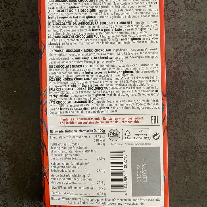 review photo of Vivani Feine bitter 75%cacao Panama shared by @giusu on 13 Mar 2022 - review