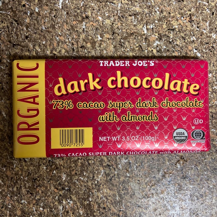 review photo of Trader Joe's Organic dark chocolate - 73% cacao super dark chocolate with almonds shared by @veganflowerchild on 01 Nov 2020 - review