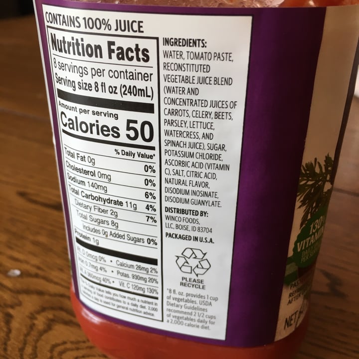 photo of WinCo Foods vegetable juice (100% juice, low sodium) shared by @mrsutahgardener on  01 Oct 2020 - review