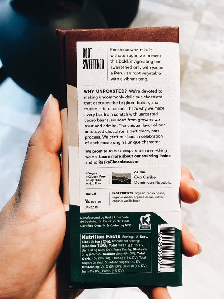 photo of Raaka Yacon Root 79% Unroasted Dark Chocolate shared by @consciouscookieee on  31 Mar 2019 - review