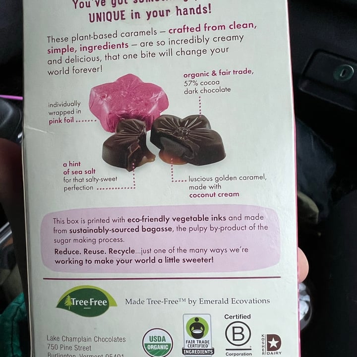 review photo of Lake Champlain Chocolates Vegan dark chocolate salted caramels shared by @annielufkin on 14 Jan 2022 - review