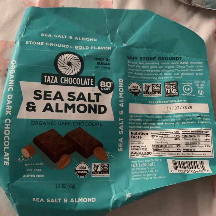 photo of Taza Chocolate Sea Salt & Almond Organic Dark Chocolate shared by @caitlinandmj on  10 Aug 2020 - review