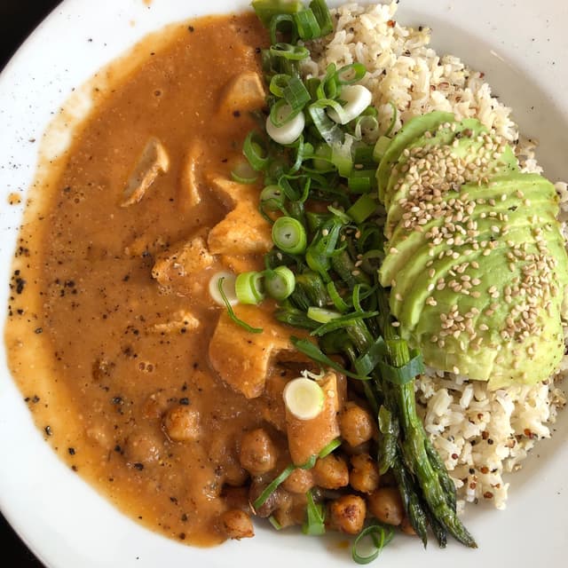 Photo of the dish “Spicy Chick’n Tikka With Roast Chickpeas, Asparagus & Sesame Avocado Salad”