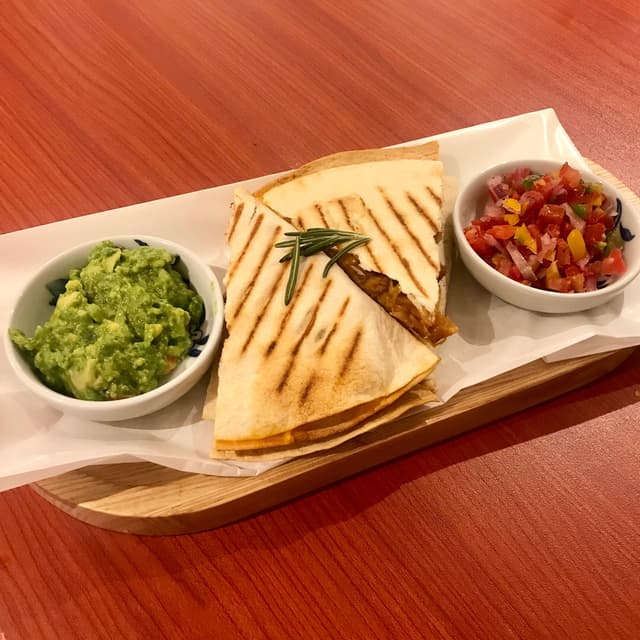 Photo of the dish “Tandoori Hedgehog Mushroom Quesadilla with Salsa & Guacamole”