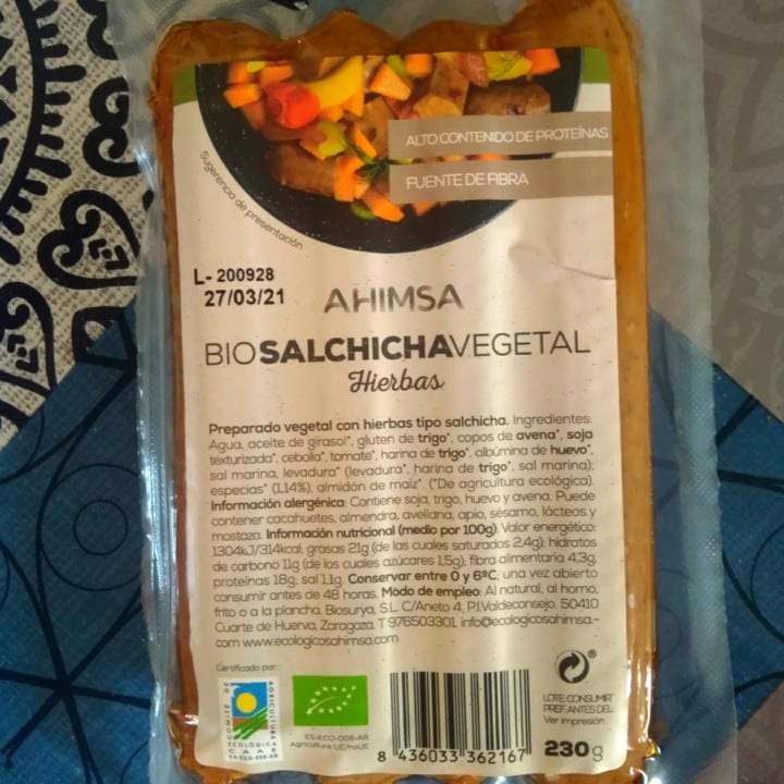 photo of Ahimsa Bio salchicha vegetal hierbas shared by @rok on  14 Mar 2021 - review