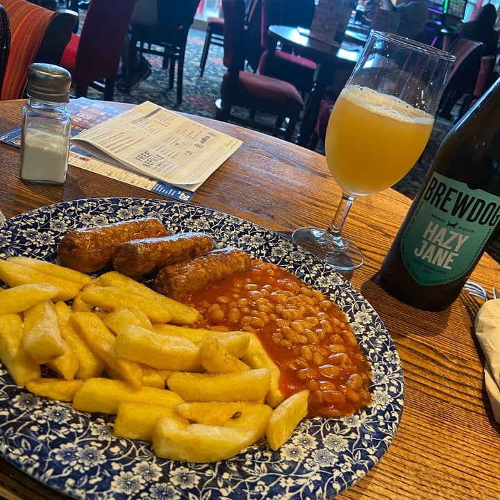 Wetherspoons United Kingdom Vegan quorn sausages, chips and beans