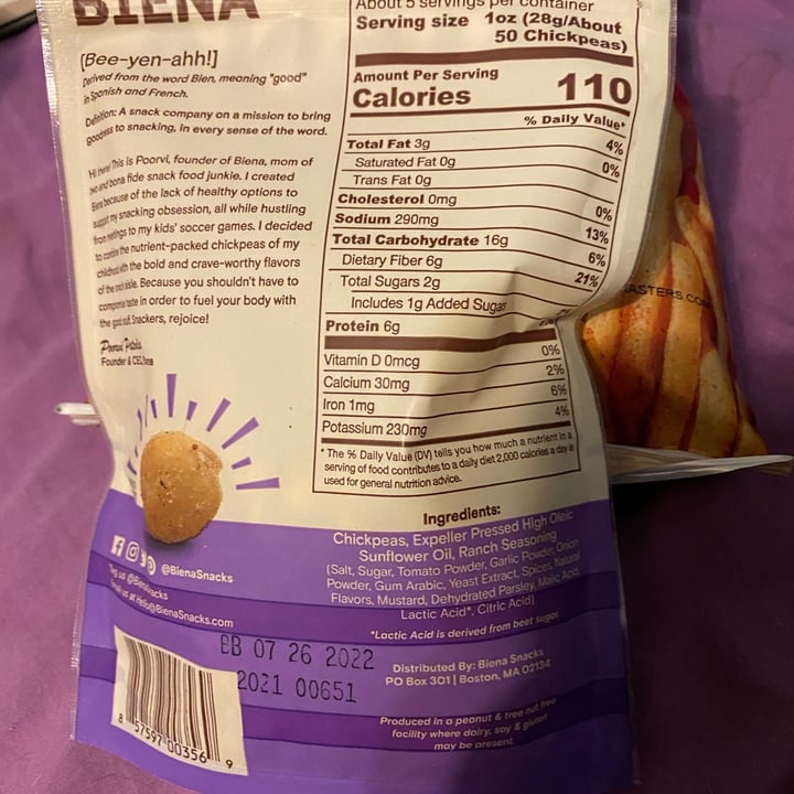 review photo of Biena Snacks Rockin’ Ranch chickpea Snacks shared by @thebooberrypie on 21 Dec 2021 - review