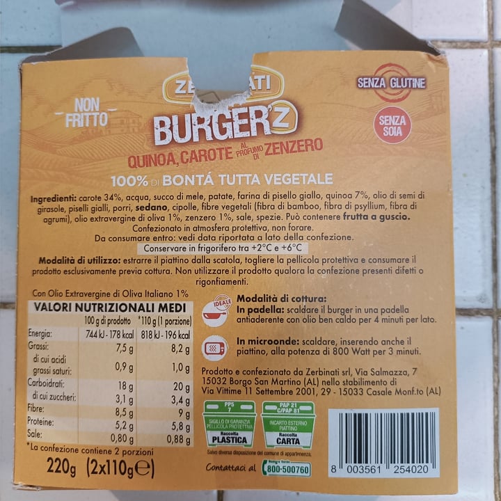 photo of Zerbinati burger quinoa, carote al profumo di zenzero shared by @bibidibobidibb on  21 Jul 2022 - review