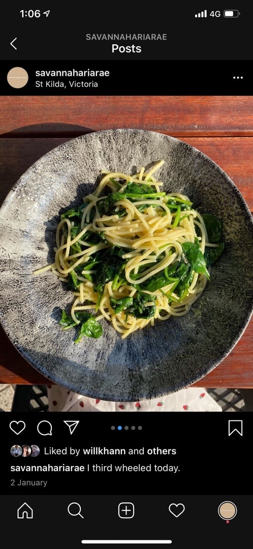 photo of Cicciolina Spaghettini with baby spinach, garlic, olive oil and chilli shared by @savannahariarae on  28 Jan 2020 - review