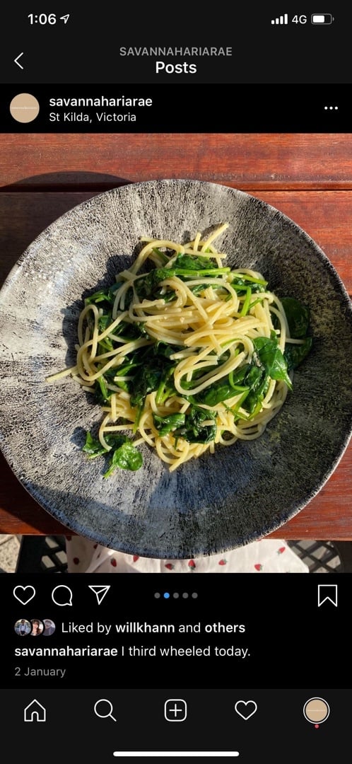 review photo of Cicciolina Spaghettini with baby spinach, garlic, olive oil and chilli shared by @savannahariarae on 28 Jan 2020 - review