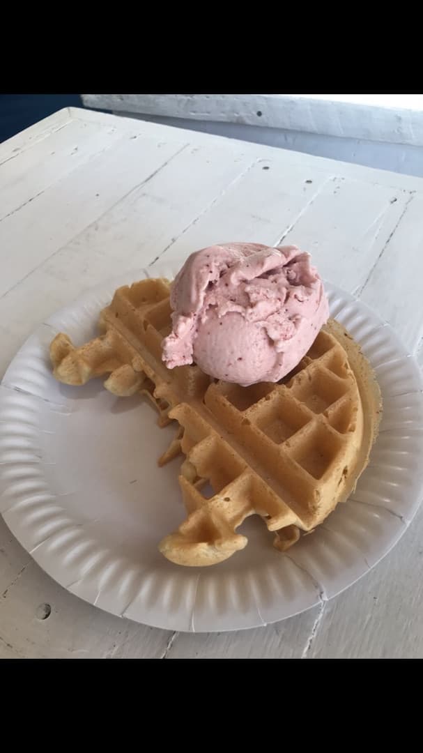 Photo of the dish “Roasted Strawberry And Toasted Coconut Vegan Ice Cream On A Vegan Waffle”