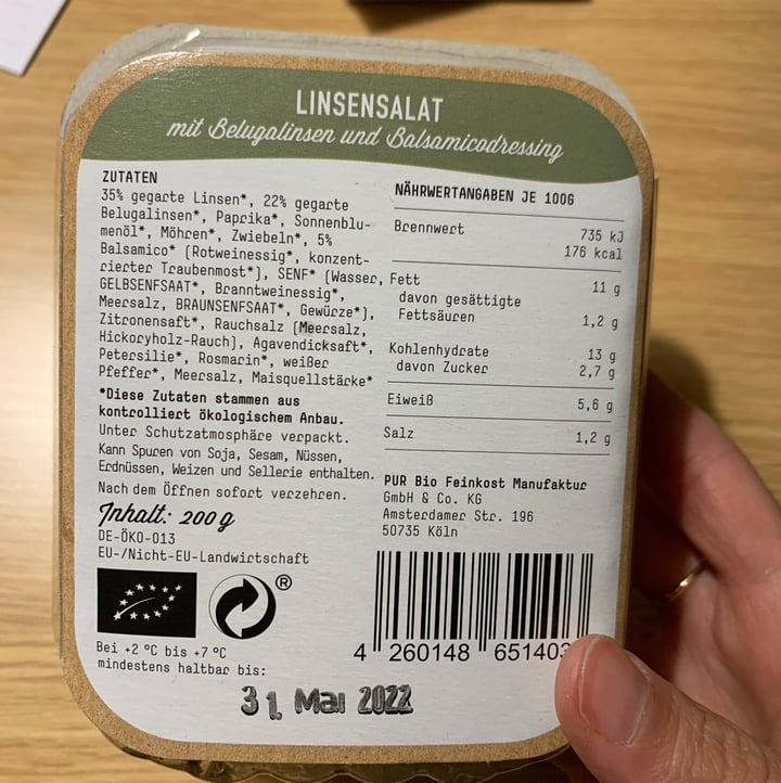 photo of Pur Bio-Manufaktur Linsensalat shared by @tizianavegana on  15 May 2022 - review