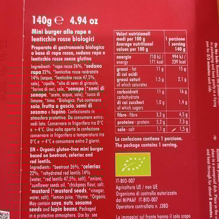 review photo of Natura Sì Mini burger Alle Rape E Lenticchie Rosse shared by @cardax on 08 Oct 2022 - review