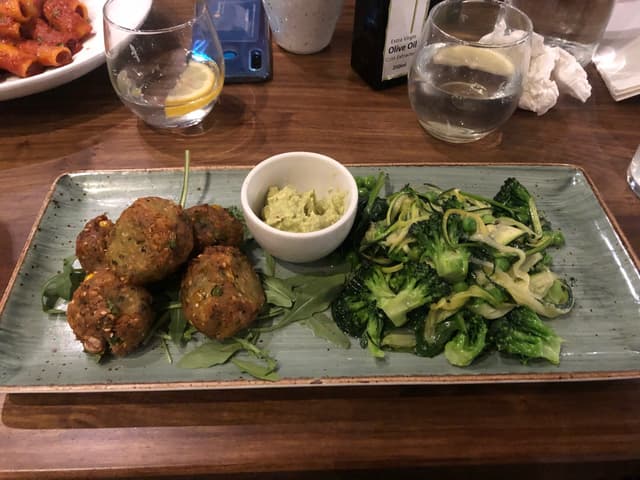 Photo of the dish “Pealafel Fritters and Warm Greens”
