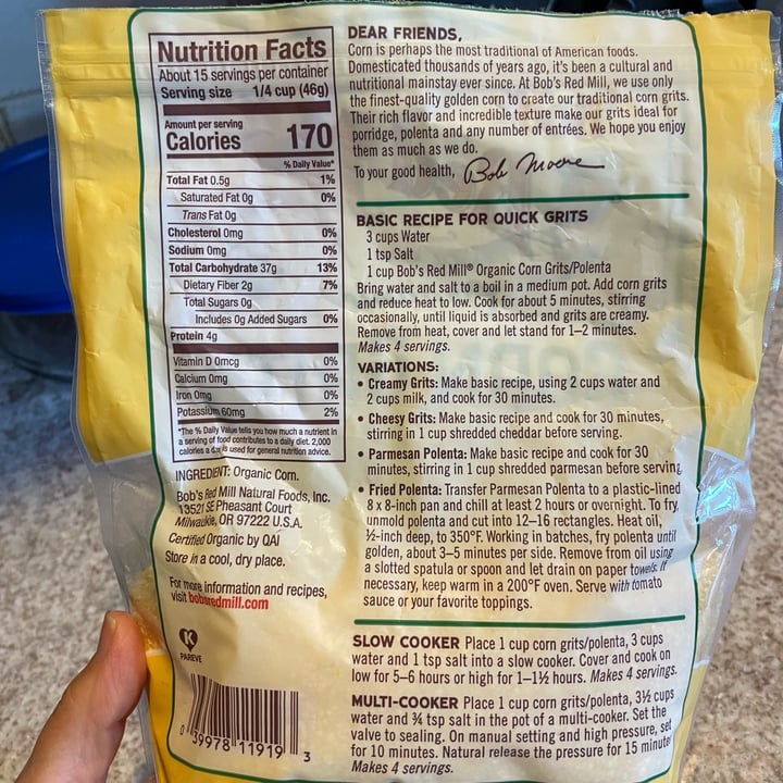 photo of Bob's Red Mill Corn grits polenta shared by @dentalandlentils on  18 Sep 2022 - review