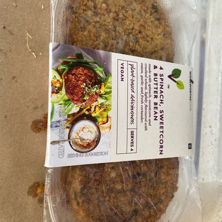 photo of Woolworths Food spinach sweetcorn butterbean patty shared by @tonivbrockhoven on  25 Sep 2022 - review