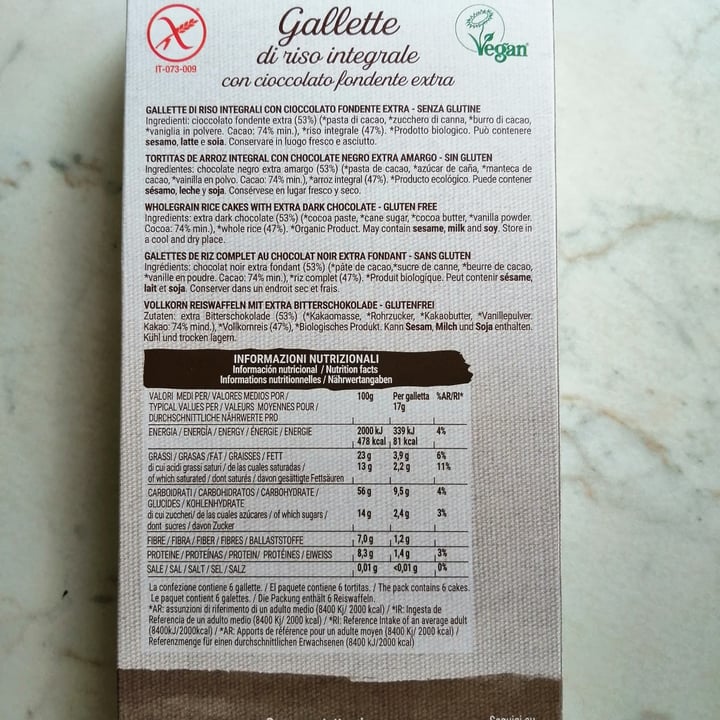 photo of Sarchio Gallette di Riso Integrale con Biologico Cacao 74% shared by @fedevegana on  26 May 2021 - review