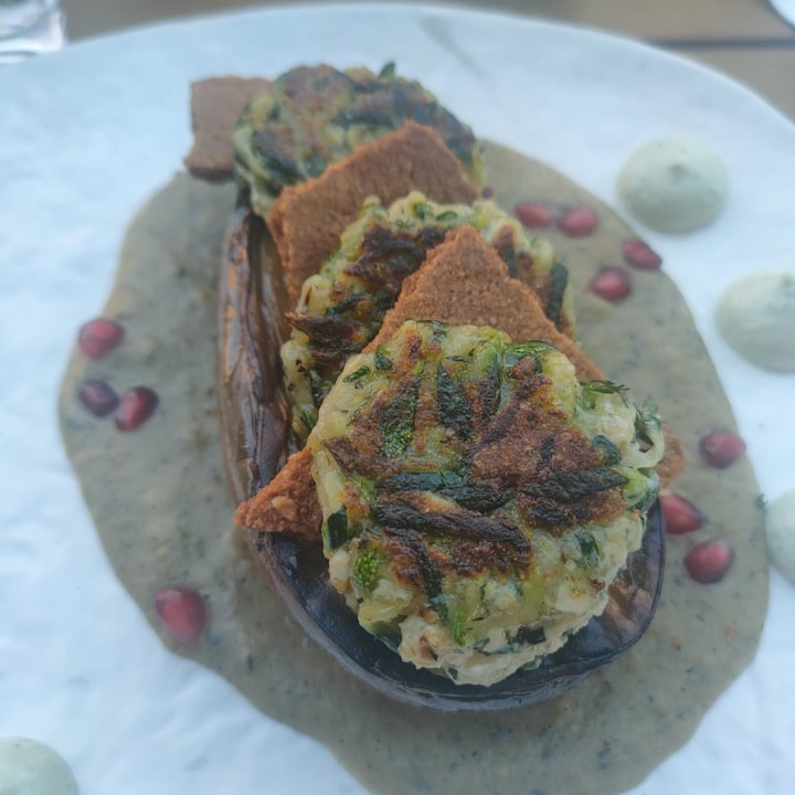 photo of Veginity Aubergine Moussaka with Courgette Pancakes,  yellow Split Peas Dip, smoked Almond Shortbread, Tzatziki and Pomegranate shared by @claudiaavgenova on  14 Aug 2022 - review