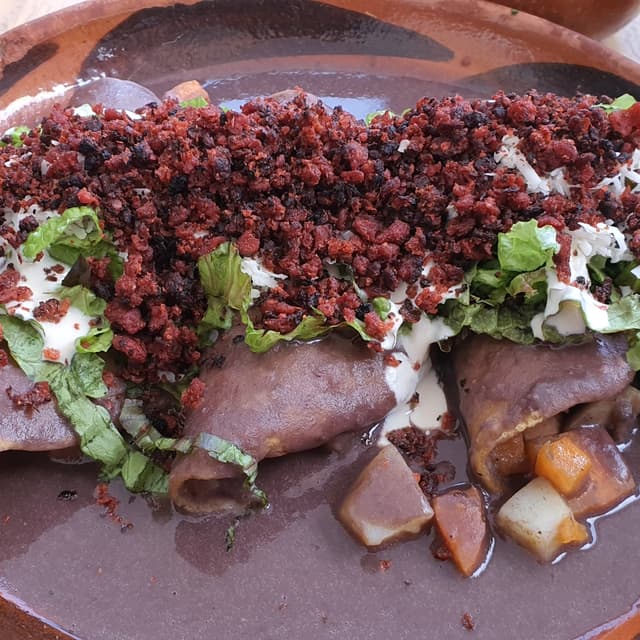 Photo of the dish “Etlaxcalli  enfrijoladas rellenas de papa y zanahoria”