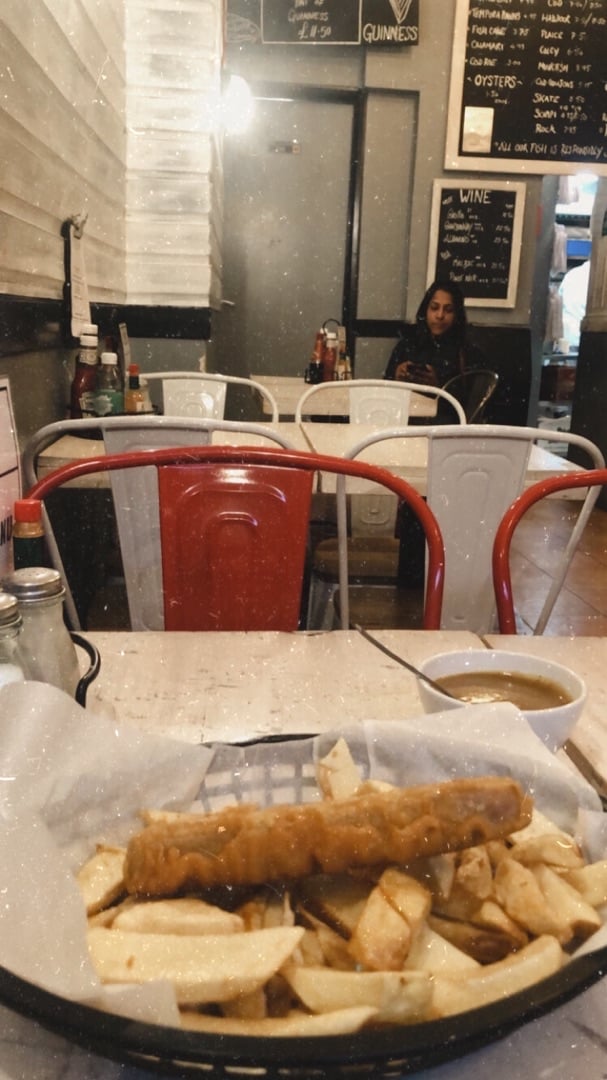 review photo of Sutton and Sons Vegan Chip Shop Vegan battered sausage with chips shared by @gumpi on 12 Dec 2019 - review