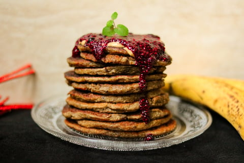 Vegan banana oat pancakes with chia seed berry jam
