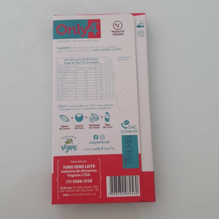 review photo of Only4 Chocolate 70% com açúcar de coco e cranberry shared by @longjourney on 04 May 2022 - review