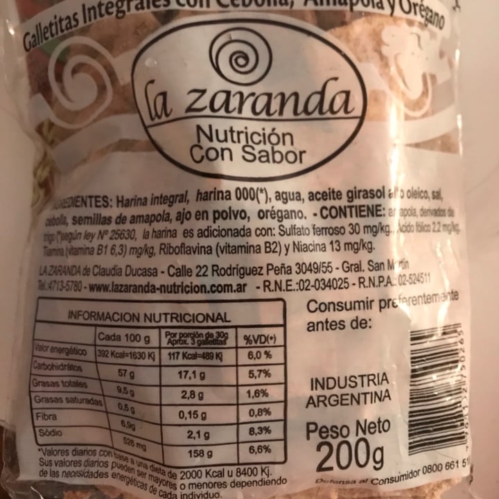 photo of La Zaranda Galletitas Integrales Con Cebolla, Amapola Y Orégano shared by @esteficasotti on  11 Aug 2020 - review