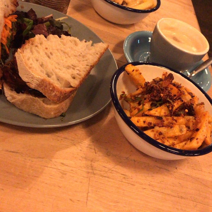 photo of The Glad Cafe C.I.C Tofu And Black Pepper Sauce Sandwich With Chilli And Shallot Fries shared by @veganfoodiee on  07 May 2020 - review
