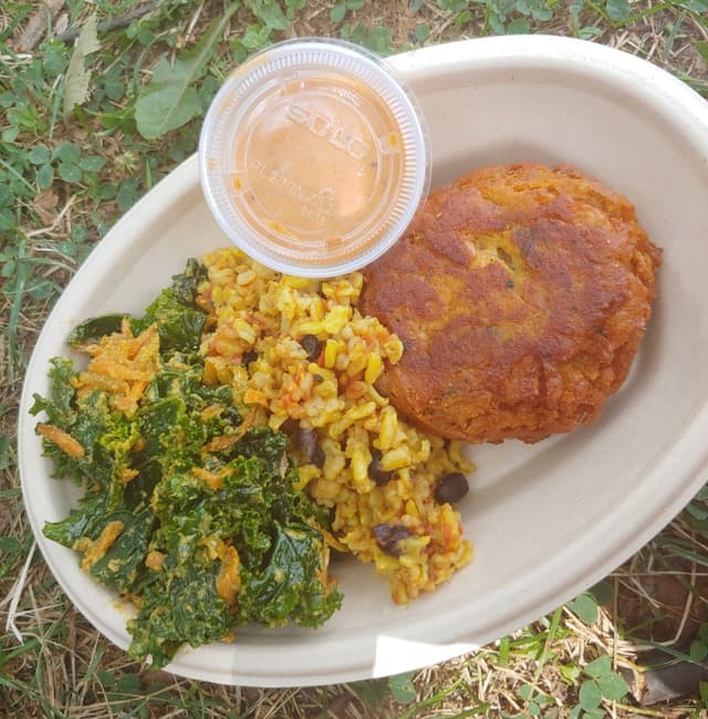 Photo of the dish “Vegan Crabcake with Rice and Kale Salad”