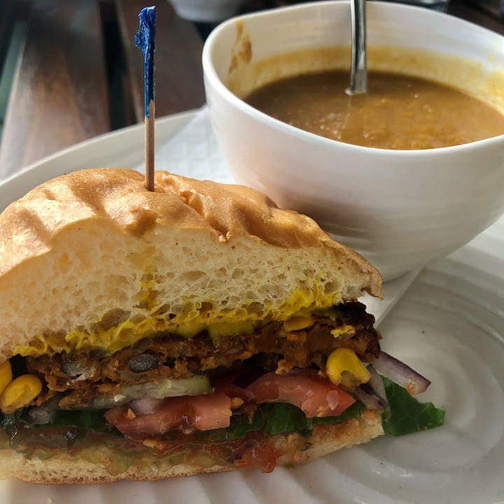 review photo of The Freight Shed: Waterside Bistro & Market Black Bean Burger with Soup shared by @jackt on 13 Oct 2021 - review