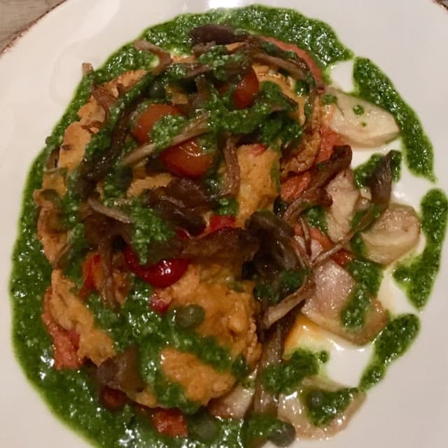 Foto do prato “Cauliflower Steak, Ceasar salad, Panna Cotta”