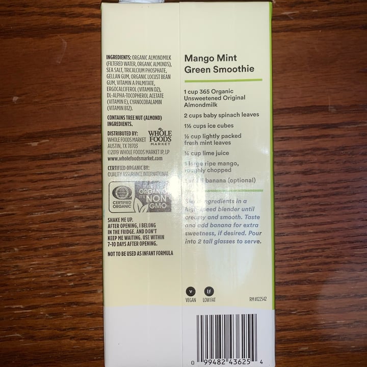 photo of 365 Whole Foods Market 365 Organic Unsweetened Original Almondmilk shared by @usa-ute on  22 Sep 2022 - review