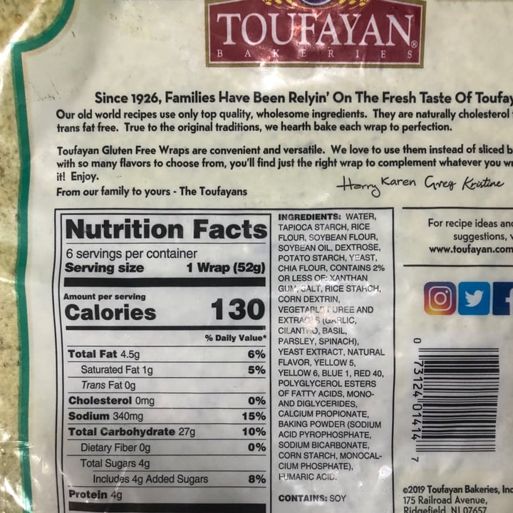 photo of Toufayan Bakeries Gluten Free Spinach Wrap shared by @manuelaw on  27 Apr 2020 - review