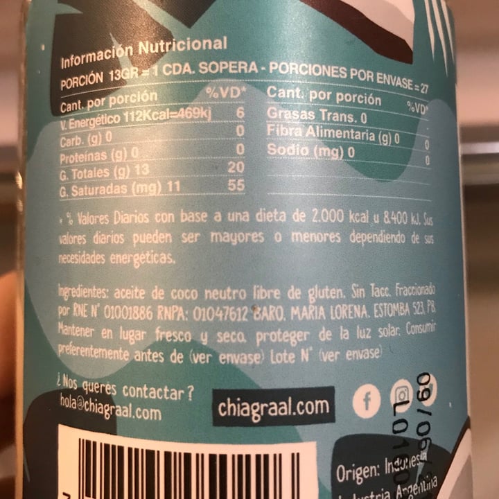 review photo of Chia Graal Aceite de coco Neutro shared by @lunastoler on 08 Jun 2021 - review