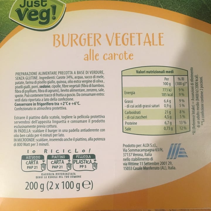 photo of Just Veg! (ALDI Italy) Burger Vegetale Alle Carote shared by @didisala on  08 Jul 2022 - review