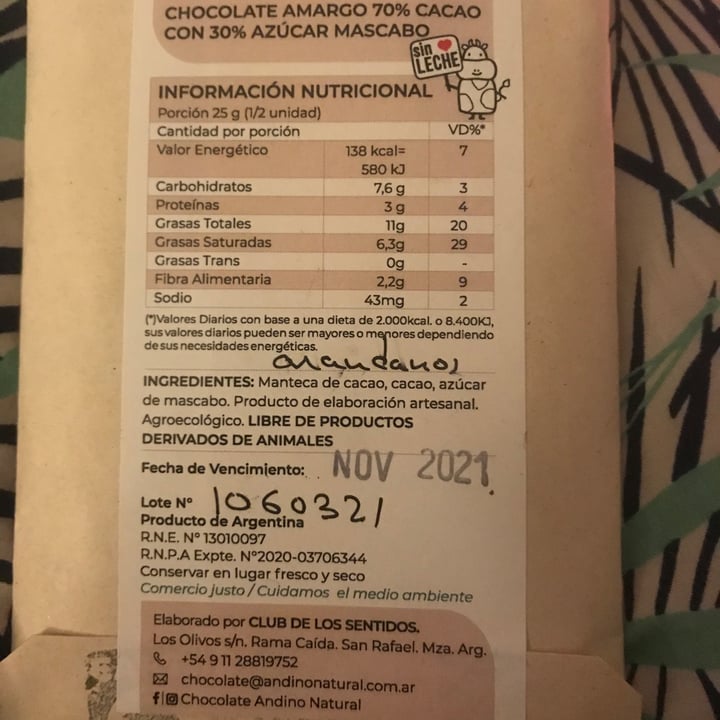 photo of Chocolate Andino Natural Chocolate 70% Puro Cacao shared by @mariacp on  25 Apr 2021 - review