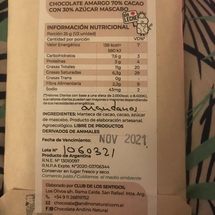 review photo of Chocolate Andino Natural Chocolate 70% Puro Cacao shared by @mariacp on 25 Apr 2021 - review