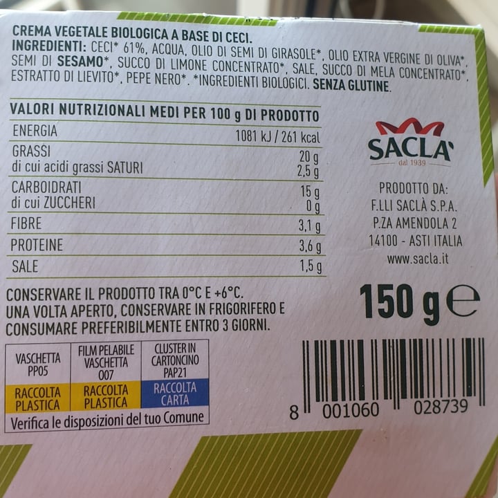 review photo of Sacla Hummus di ceci senza aglio shared by @marti91 on 02 Oct 2022 - review