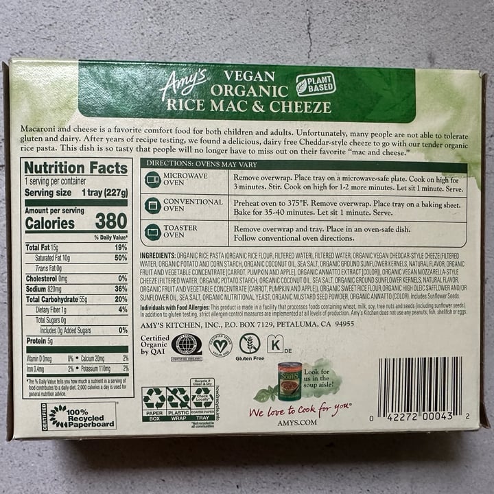 photo of Amy’s Vegan Organic Rice Mac & Cheeze shared by @berryveganplanet on  05 Nov 2022 - review