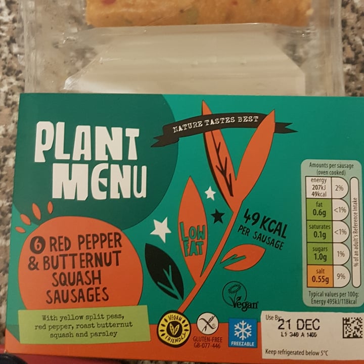 photo of Plant Menu Red pepper & butternut squash sausages shared by @veganele on  09 Jan 2021 - review