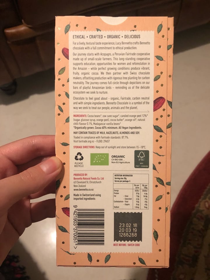 review photo of Bennetto Orange with Chilli Dark Chocolate Bar shared by @isalee on 25 Jan 2019 - review